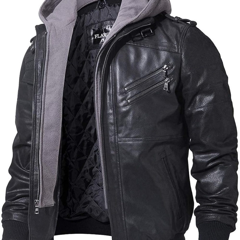 NWT Men's Flavor Black Leather Jacket with Gray Hood. Size 5X BIG & Tall